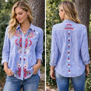 Johnny Was Stripe Tiered Shirt Tunic Intricate Floral Embroidery Blue Size S